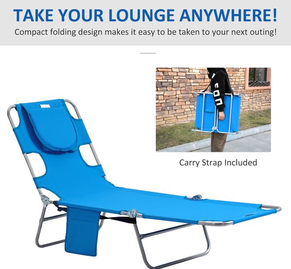 Outsunny Beach Chaise Lounge: Portable with Face Cavity, 5-Position Adjustable Backrest, Azure Blue Aosom UK