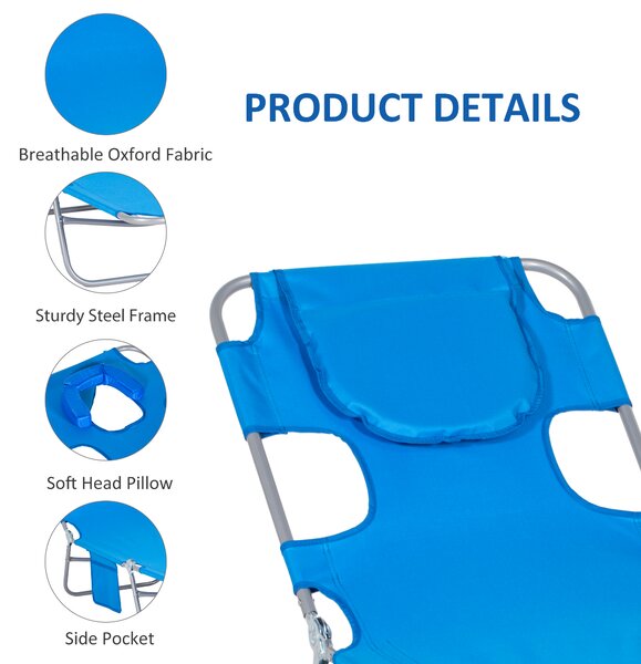 Outsunny Beach Chaise Lounge: Portable with Face Cavity, 5-Position Adjustable Backrest, Azure Blue Aosom UK
