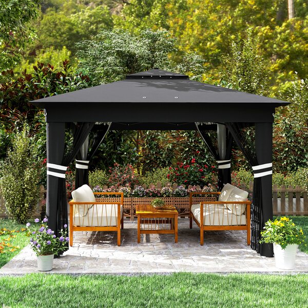 Outsunny 3 x 3(m) Pop Up Gazebo Party Tent with Solar-Powered LED Lights, Adjustable Event Shelter with Netting, Black