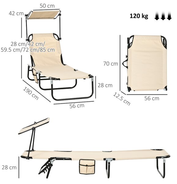 Outsunny 2 Piece Folding Sun Loungers with Canopy, Adjustable Recliner Garden Chairs with Side Pockets and Breathable Mesh for Beach, Garden
