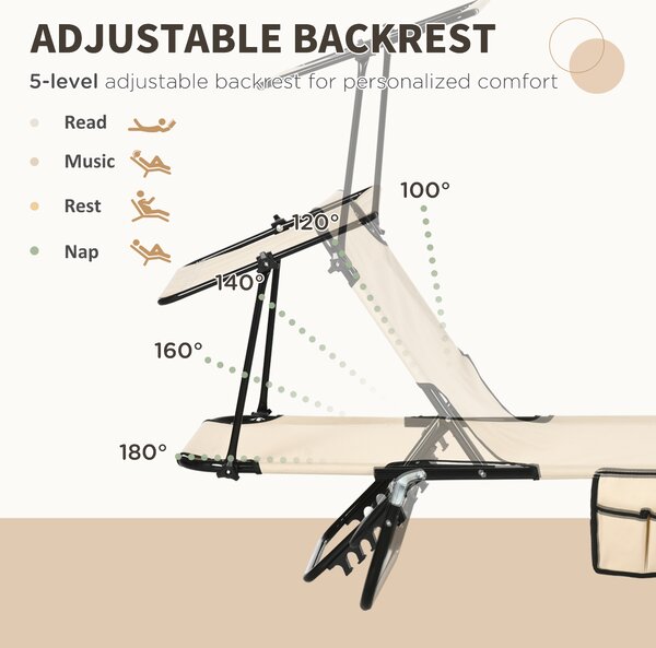 Outsunny 2 Piece Folding Sun Loungers with Canopy, Adjustable Recliner Garden Chairs with Side Pockets and Breathable Mesh for Beach, Garden