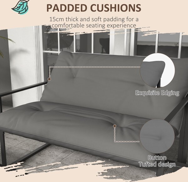 Outsunny 4 Piece Garden Sofa Set 2 Single Armchair, Loveseat and Coffee Table Set Steel Frame Patio Furniture with Thick Cushions, Grey