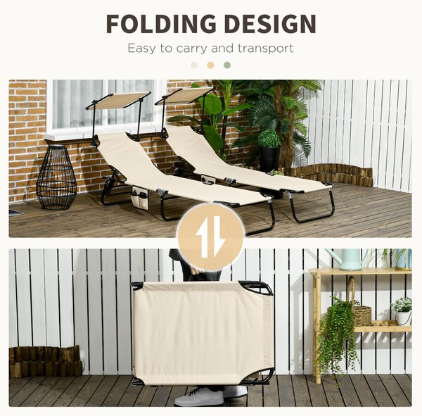Outsunny 2 Piece Folding Sun Loungers with Canopy, Adjustable Recliner Garden Chairs with Side Pockets and Breathable Mesh for Beach, Garden