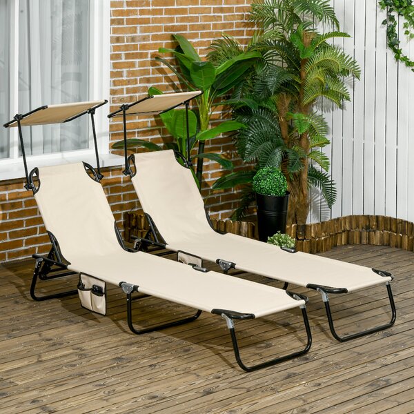 Outsunny 2 Piece Folding Sun Loungers with Canopy, Adjustable Recliner Garden Chairs with Side Pockets and Breathable Mesh for Beach, Garden