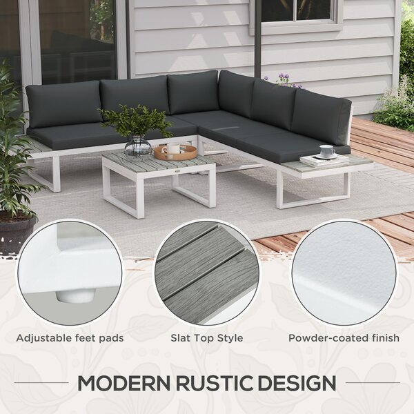 Outsunny 4 Pcs Patio Garden Set w/ 5-Level Recline Corner Sofa, Garden Lounge Sectional Conversation Sofa Set w/ Cushions, Coffee Table, White