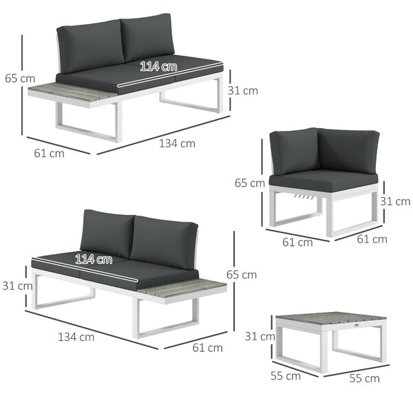 Outsunny 4 Pcs Patio Garden Set w/ 5-Level Recline Corner Sofa, Garden Lounge Sectional Conversation Sofa Set w/ Cushions, Coffee Table, White