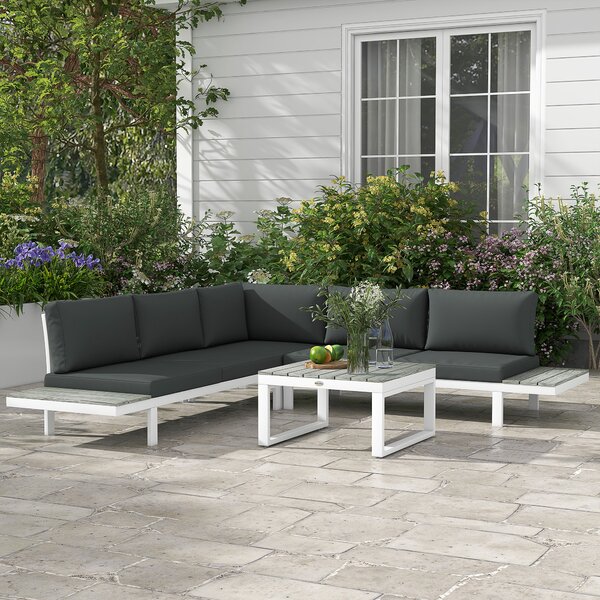 Outsunny 4 Pcs Patio Garden Set w/ 5-Level Recline Corner Sofa, Garden Lounge Sectional Conversation Sofa Set w/ Cushions, Coffee Table, White