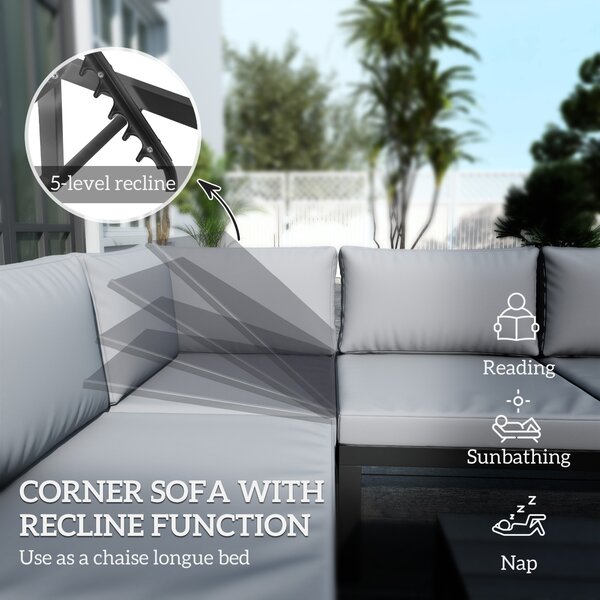 Outsunny 4 Pieces Patio Garden Set with 5-Level Recline Corner Sofa, Outdoor Garden Lounge Sectional Conversation Sofa Set with Cushions