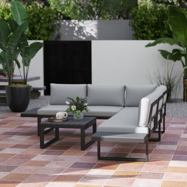 Outsunny 4 Pieces Patio Garden Set with 5-Level Recline Corner Sofa, Outdoor Garden Lounge Sectional Conversation Sofa Set with Cushions