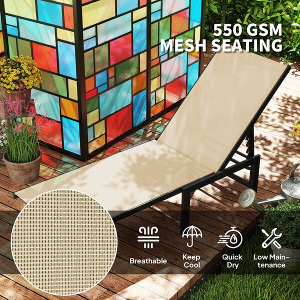 Outsunny Sun Lounger for Garden, 5-Level Adjustable Reclining Sun Lounger Chair, Flat Garden Lounger Sunbed with Texteline Seat, Steel Frame for Patio, Beach, Khaki