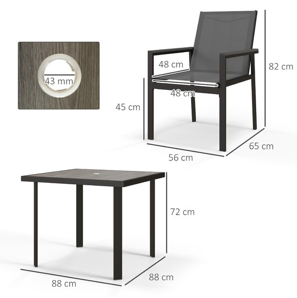 Outsunny 5 Pieces Garden Dining Set with Glass Top Dining Table, Outdoor Umbrella Hole Table and 4 Armchairs w/ Breathable Mesh Fabric Seats