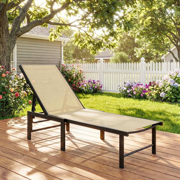 Outsunny Sun Lounger for Garden, 5-Level Adjustable Reclining Sun Lounger Chair, Flat Garden Lounger Sunbed with Texteline Seat, Steel Frame for Patio, Beach, Khaki