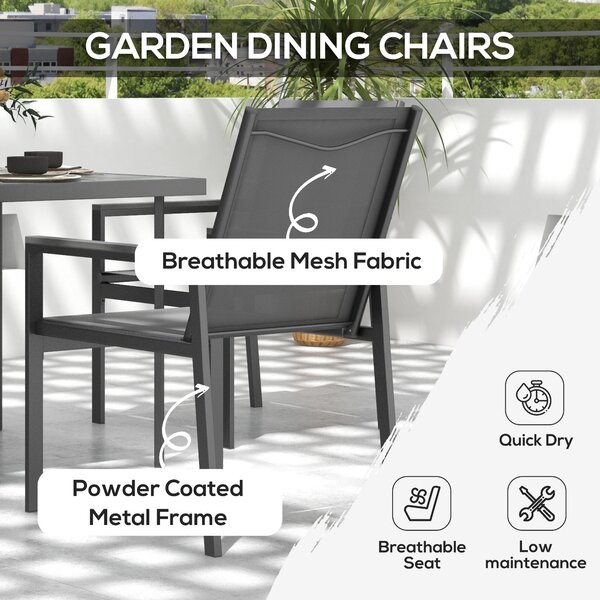 Outsunny 5 Pieces Garden Dining Set with Glass Top Dining Table, Outdoor Umbrella Hole Table and 4 Armchairs w/ Breathable Mesh Fabric Seats