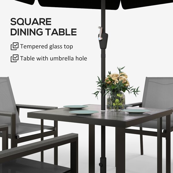 Outsunny 5 Pieces Garden Dining Set with Glass Top Dining Table, Outdoor Umbrella Hole Table and 4 Armchairs w/ Breathable Mesh Fabric Seats