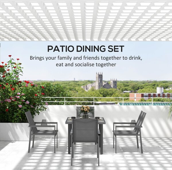 Outsunny 5 Pieces Garden Dining Set with Glass Top Dining Table, Outdoor Umbrella Hole Table and 4 Armchairs w/ Breathable Mesh Fabric Seats
