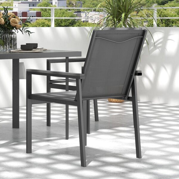 Outsunny 5 Pieces Garden Dining Set with Glass Top Dining Table, Outdoor Umbrella Hole Table and 4 Armchairs w/ Breathable Mesh Fabric Seats