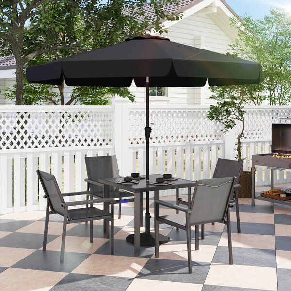 Outsunny 5 Pieces Garden Dining Set with Glass Top Dining Table, Outdoor Umbrella Hole Table and 4 Armchairs w/ Breathable Mesh Fabric Seats