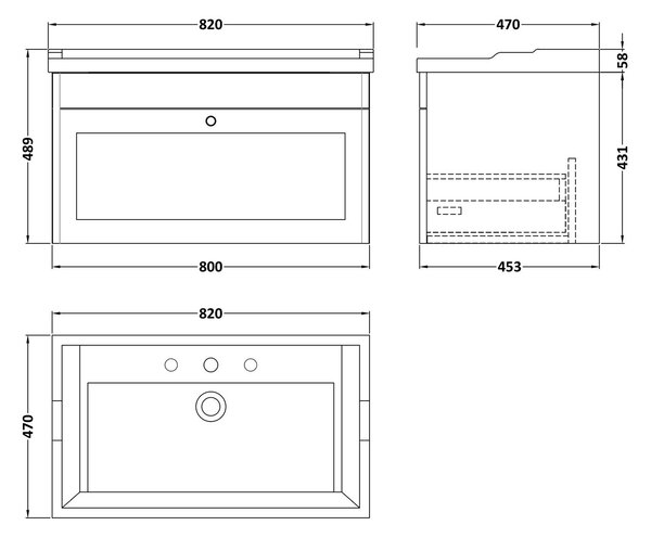 Classique Wall Mounted 1 Drawer Vanity Unit with Ceramic Basin