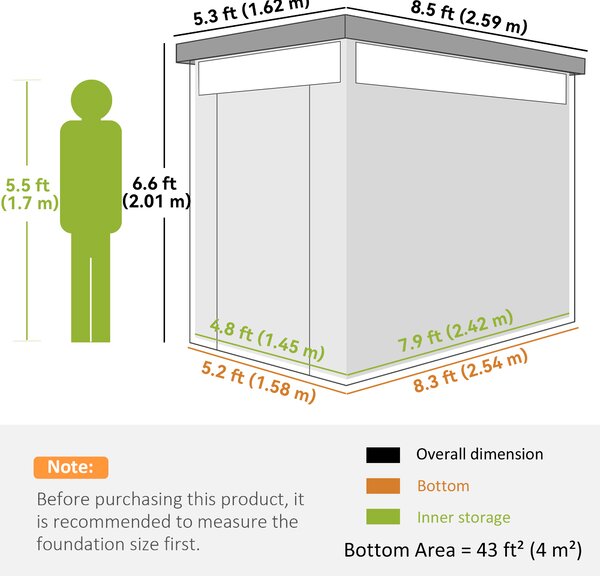 Outsunny 5.3 x 8.5ft Galvanised Steel Garden Shed, Metal Shed with Roof Windows, Leakage Holes and Lockable Wide Door for Outdoor Patio Tool Storage