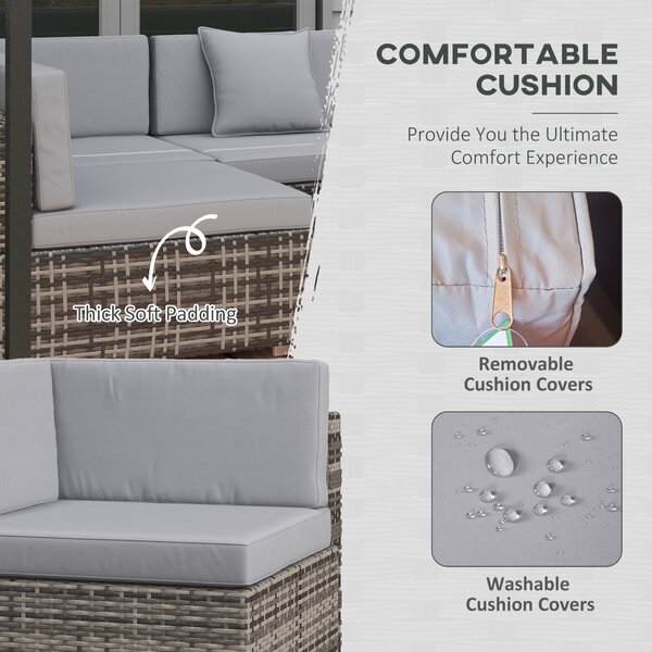 Outsunny 7 Pcs PE Rattan Garden Furniture Set w/ Thick Padded Cushion, Patio Corner Sofa Sets w/ Glass Coffee Table & Pillows, Mixed Grey Aosom UK