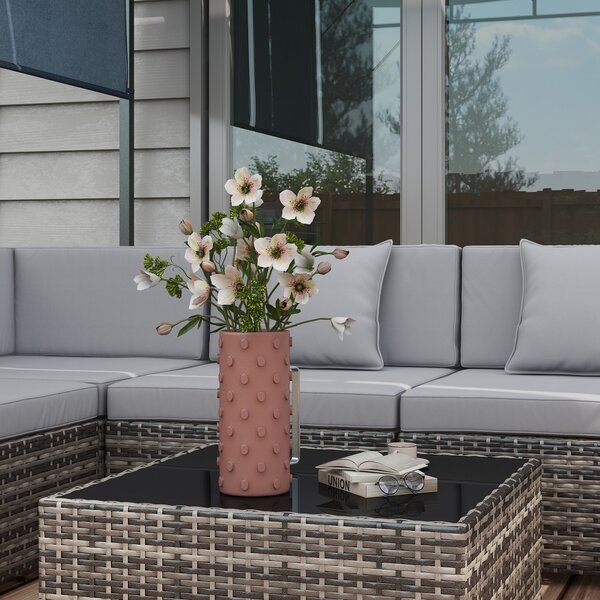Outsunny 7 Pcs PE Rattan Garden Furniture Set w/ Thick Padded Cushion, Patio Corner Sofa Sets w/ Glass Coffee Table & Pillows, Mixed Grey Aosom UK