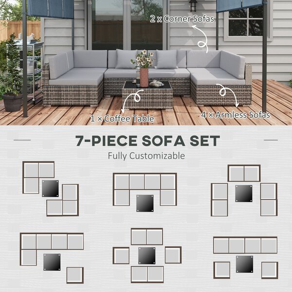 Outsunny 7 Pcs PE Rattan Garden Furniture Set w/ Thick Padded Cushion, Patio Corner Sofa Sets w/ Glass Coffee Table & Pillows, Mixed Grey Aosom UK