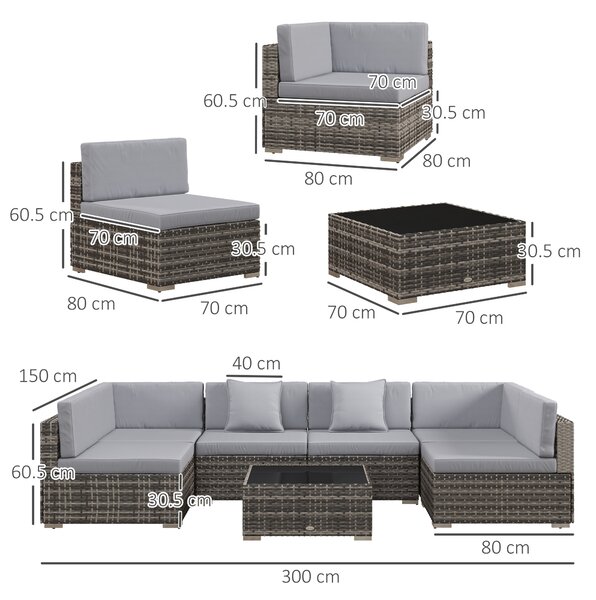 Outsunny 7 Pcs PE Rattan Garden Furniture Set w/ Thick Padded Cushion, Patio Corner Sofa Sets w/ Glass Coffee Table & Pillows, Mixed Grey Aosom UK