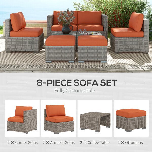Outsunny 8 Piece Outdoor Patio Furniture Set, Rattan Sofa Set with Footstools and Coffee Tables Aosom UK