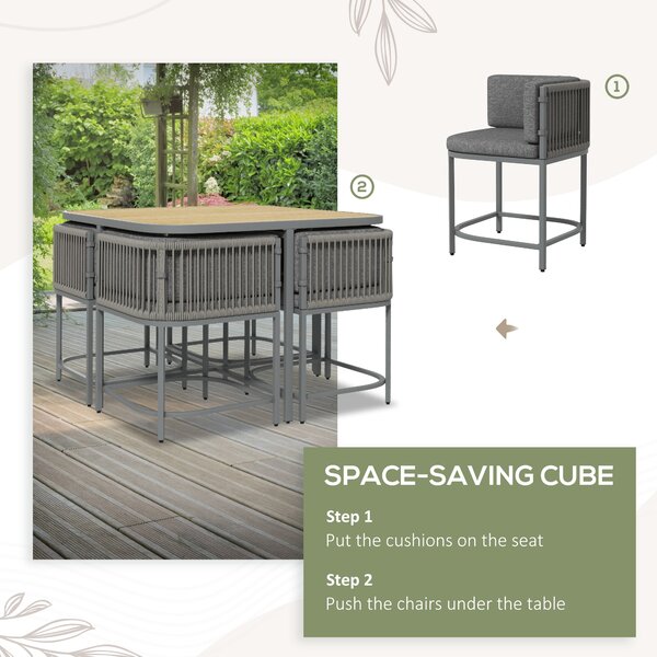 Outsunny 5 Pieces Rattan Dining Sets with Cushions, Space-saving Design Rattan Cube Garden Furniture, for Indoor & Outdoor, Grey
