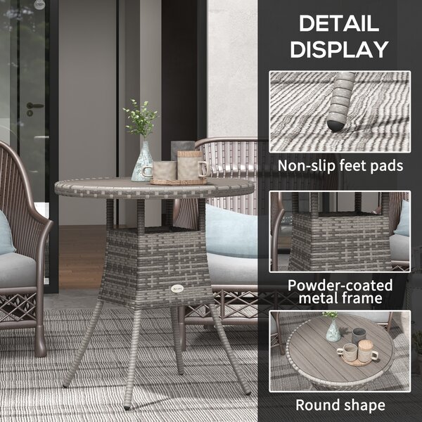Outsunny 70cm PE Rattan Outdoor Dining Table, Patio Table with Wood-plastic Composite Top for Balcony, Garden, Grey