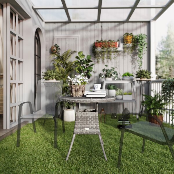 Outsunny 70cm PE Rattan Outdoor Dining Table, Patio Table with Wood-plastic Composite Top for Balcony, Garden, Grey