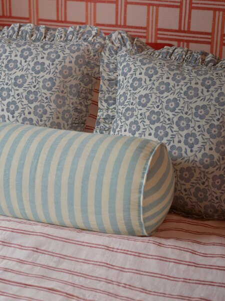 Dusk Blue Folk Floral Frill Linen Blend Filled Cushion | 45x45cm | Piglet in Bed