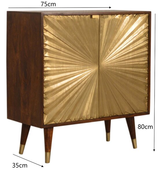 Solid Mango Wood Bedside Cabinet with Brass-Plated Doors, Clear Natural Finish, Cupboard for Living Room, 35L x 75W x 80H cm, Brown Aosom UK