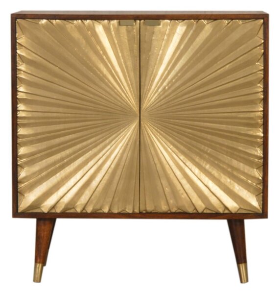 Solid Mango Wood Bedside Cabinet with Brass-Plated Doors, Clear Natural Finish, Cupboard for Living Room, 35L x 75W x 80H cm, Brown Aosom UK