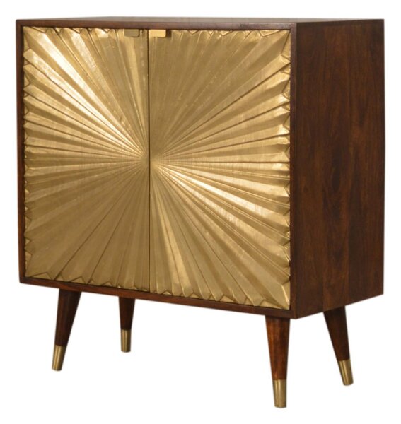 Solid Mango Wood Bedside Cabinet with Brass-Plated Doors, Clear Natural Finish, Cupboard for Living Room, 35L x 75W x 80H cm, Brown Aosom UK