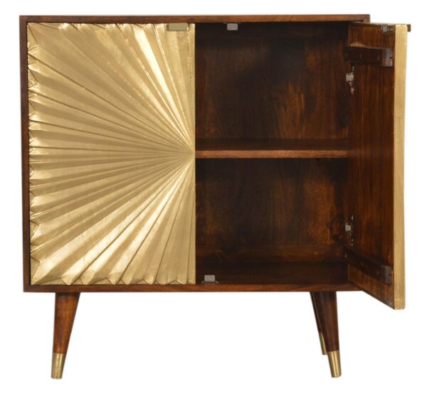 Solid Mango Wood Bedside Cabinet with Brass-Plated Doors, Clear Natural Finish, Cupboard for Living Room, 35L x 75W x 80H cm, Brown Aosom UK
