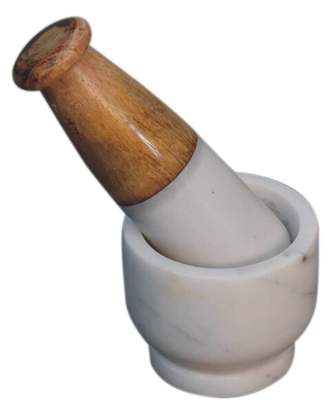 Small Marble Pestle & Mortar Set, Handmade Wooden Handle, Compact Spice Grinder for Herbs, 7 x 7 x 6 cm, Brown & White Aosom UK