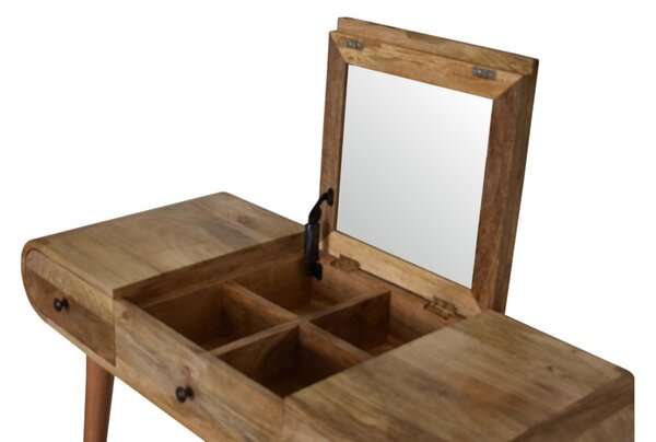 Solid Mango Wood Round Dressing Table 3 Drawers and Foldable Mirror, Hand‑finished Desk with Oak-ish Finish, 40L x 100W x 80H cm, Brown Aosom UK