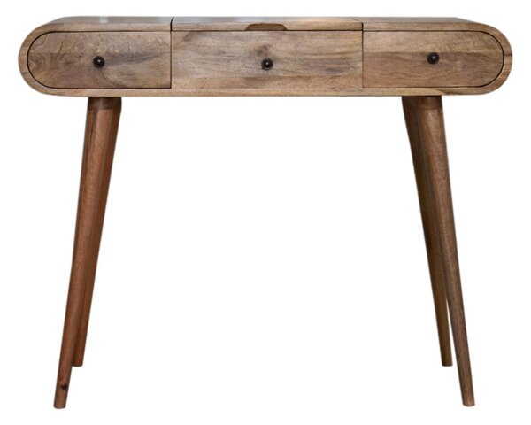 Solid Mango Wood Round Dressing Table 3 Drawers and Foldable Mirror, Hand‑finished Desk with Oak-ish Finish, 40L x 100W x 80H cm, Brown Aosom UK