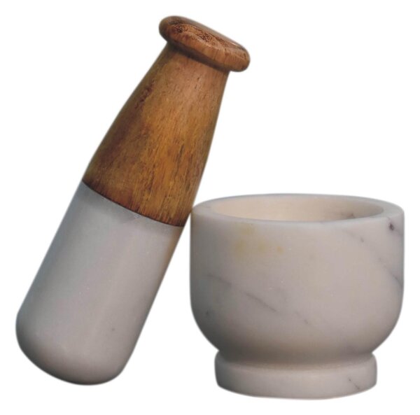 Small Marble Pestle & Mortar Set, Handmade Wooden Handle, Compact Spice Grinder for Herbs, 7 x 7 x 6 cm, Brown & White Aosom UK