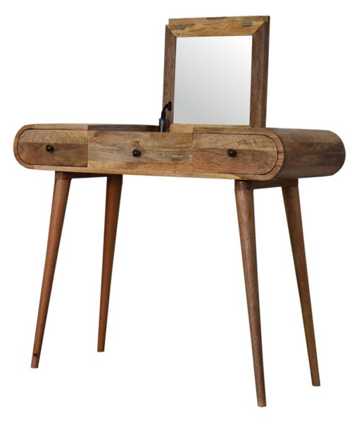 Solid Mango Wood Round Dressing Table 3 Drawers and Foldable Mirror, Hand‑finished Desk with Oak-ish Finish, 40L x 100W x 80H cm, Brown Aosom UK