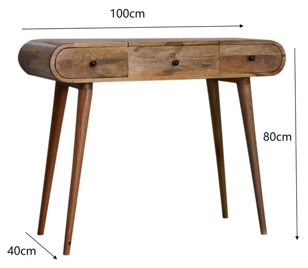 Solid Mango Wood Round Dressing Table 3 Drawers and Foldable Mirror, Hand‑finished Desk with Oak-ish Finish, 40L x 100W x 80H cm, Brown Aosom UK