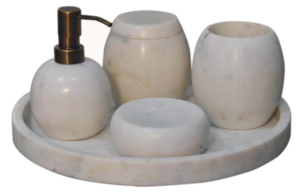 5-Piece Marble Bathroom Accessories Set with Sustainable Durable Design, Hand-Finished Set with Mango Wood, 10L x 10W x 14H cm, White Aosom UK