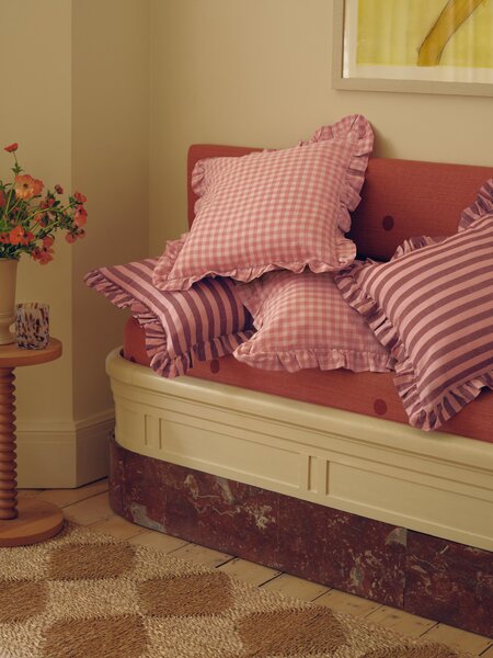 Rhubarb & Rose Pembroke Stripe Frill Linen Blend Filled Cushion | 45x45cm | Piglet in Bed
