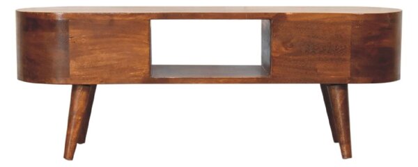 Round Solid Mango Wood Media Unit with 2 Smooth-Gliding Drawers and Open Shelf, Stand for TV and Media, 30L x 100W x 37H cm, Brown Aosom UK