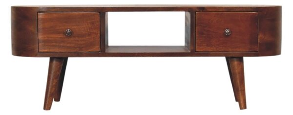 Round Solid Mango Wood Media Unit with 2 Smooth-Gliding Drawers and Open Shelf, Stand for TV and Media, 30L x 100W x 37H cm, Brown Aosom UK