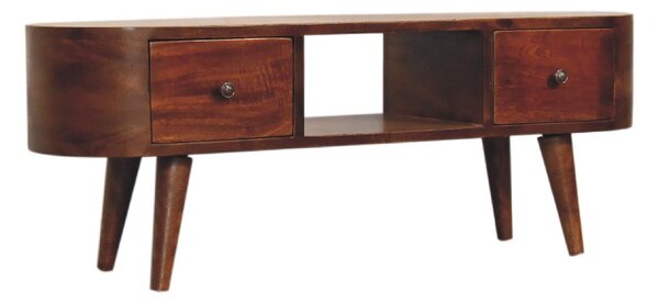 Round Solid Mango Wood Media Unit with 2 Smooth-Gliding Drawers and Open Shelf, Stand for TV and Media, 30L x 100W x 37H cm, Brown Aosom UK