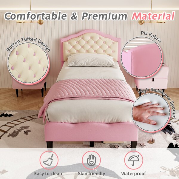 3FT Single Wood Bed with Adjustable Padded Headboard, Easy Assembly, Upholstered PU Bed for Kids, 199.5L x 92.0W x 109.5H cm, Beige+Pink Aosom.UK