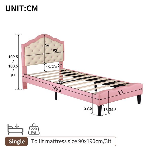 3FT Single Wood Bed with Adjustable Padded Headboard, Easy Assembly, Upholstered PU Bed for Kids, 199.5L x 92.0W x 109.5H cm, Beige+Pink Aosom.UK