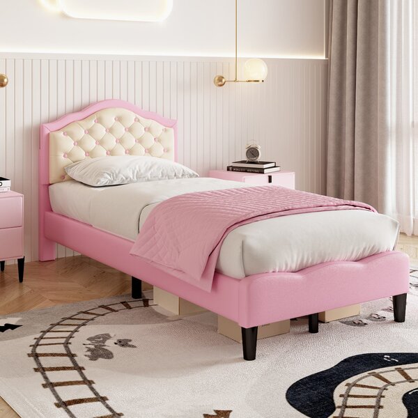 3FT Single Wood Bed with Adjustable Padded Headboard, Easy Assembly, Upholstered PU Bed for Kids, 199.5L x 92.0W x 109.5H cm, Beige+Pink Aosom.UK